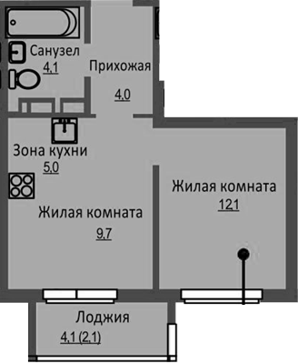 Планировка 2е-к.кв 34.90 м² в ЖК «Новый Бронный»