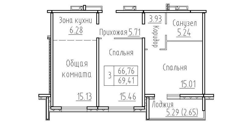 Планировка 3е-к.кв 66.76 м² в ЖК «Фламинго»