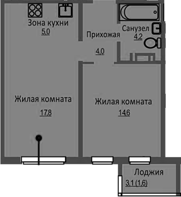 Планировка 2е-к.кв 45.60 м² в ЖК «Новый Бронный»