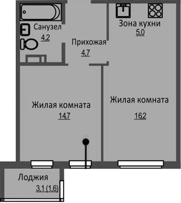 Планировка 2е-к. квартира 44.80 м² в ЖК «Новый Бронный»