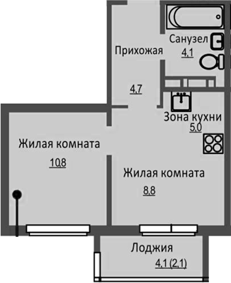 Планировка 2е-к.кв 33.40 м² в ЖК «Новый Бронный»