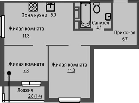Планировка 3е-к. квартира 45.90 м² в ЖК «Новый Бронный»
