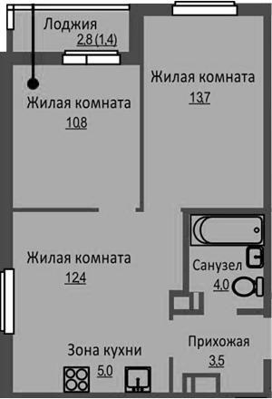 Планировка 3е-к. квартира 49.40 м² в ЖК «Новый Бронный»