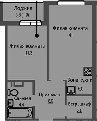 Планировка 2е-к. квартира 43.80 м² в ЖК «Новый Бронный»