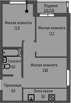 Планировка 3е-к.кв 50.30 м² в ЖК «Новый Бронный»