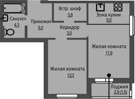 Планировка 2е-к.кв 45.30 м² в ЖК «Новый Бронный»