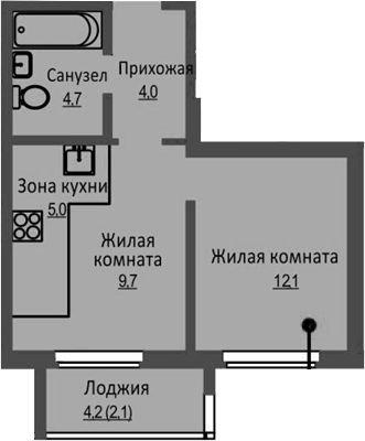 Планировка 2е-к. квартира 35.50 м² в ЖК «Новый Бронный»