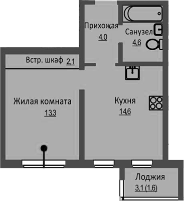 Планировка 1-к.кв 38.60 м² в ЖК «Новый Бронный»