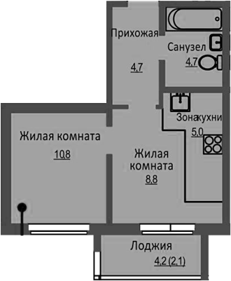 Планировка 2е-к.кв 34.00 м² в ЖК «Новый Бронный»