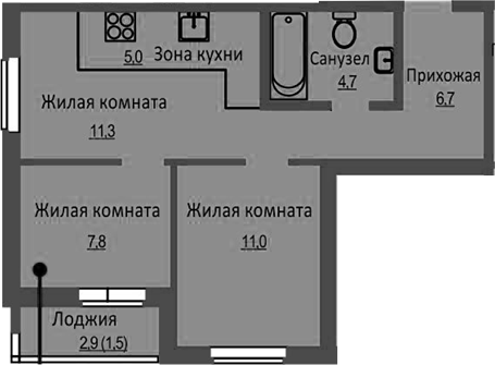 Планировка 3е-к. квартира 46.50 м² в ЖК «Новый Бронный»