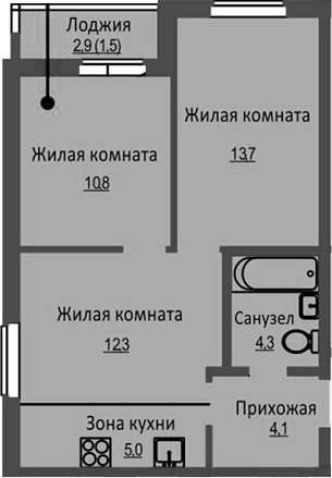 Планировка 3е-к.кв 50.20 м² в ЖК «Новый Бронный»