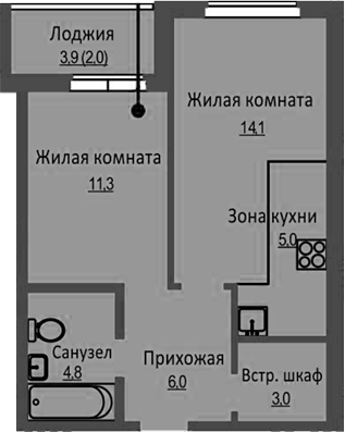 Планировка 2е-к.кв 44.20 м² в ЖК «Новый Бронный»