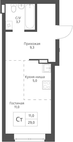 Планировка студии 29.00 м² в ЖК «Экоград 12 дворов»