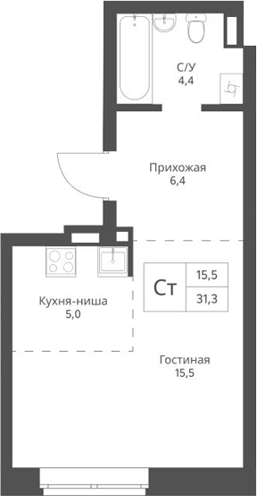 Планировка студии 31.30 м² в ЖК «Экоград 12 дворов»
