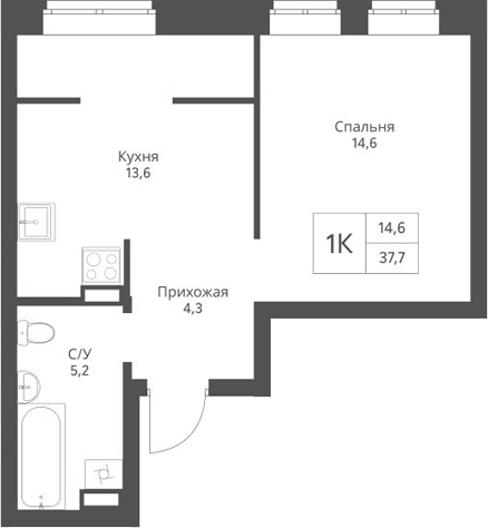 Планировка 1-к.кв 37.70 м² в ЖК «Экоград 12 дворов»