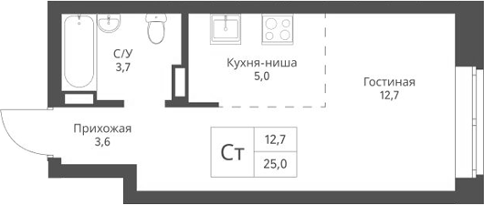 Планировка студии 25.00 м² в ЖК «Экоград 12 дворов»