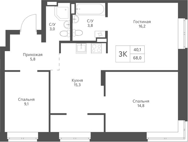 Планировка 3-к.кв 68.00 м² в ЖК «Экоград 12 дворов»