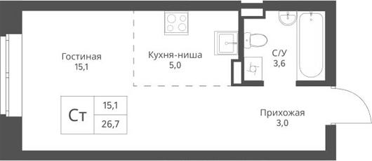 Планировка студии 26.70 м² в ЖК «Экоград 12 дворов»