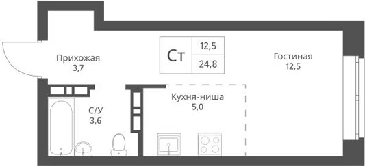 Планировка студии 24.80 м² в ЖК «Экоград 12 дворов»