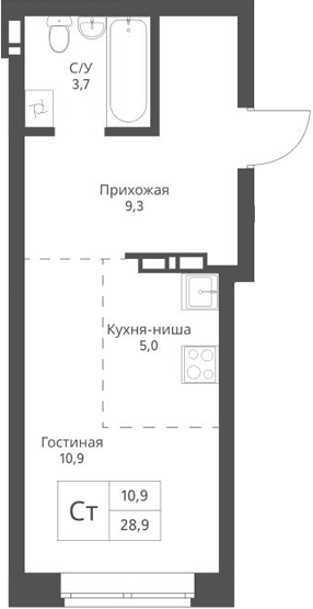 Планировка студии 28.90 м² в ЖК «Экоград 12 дворов»