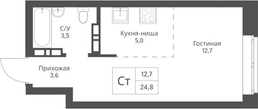 Планировка студии 24.80 м² в ЖК «Экоград 12 дворов»