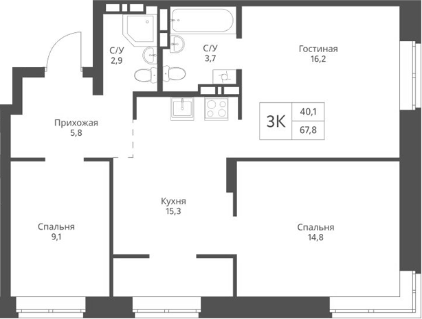 Планировка 3-к.кв 67.80 м² в ЖК «Экоград 12 дворов»