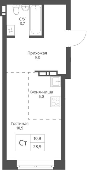 Планировка студии 28.90 м² в ЖК «Экоград 12 дворов»
