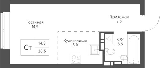 Планировка студии 26.50 м² в ЖК «Экоград 12 дворов»