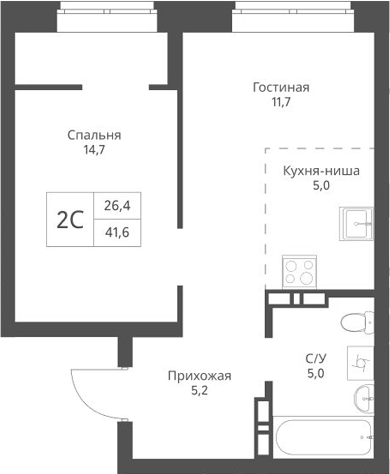 Планировка 2е-к.кв 41.60 м² в ЖК «Экоград 12 дворов»