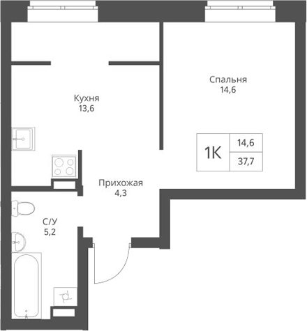 Планировка 1-к.кв 37.70 м² в ЖК «Экоград 12 дворов»