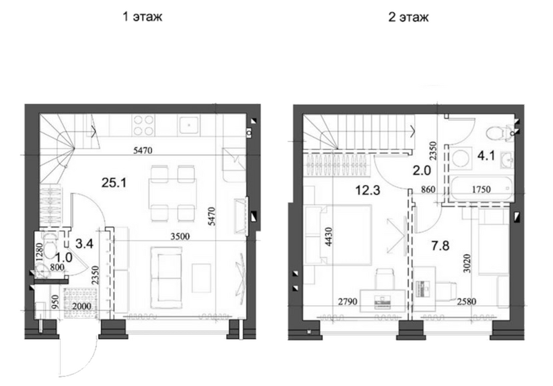 Планировка таунхаус 56.73 м² в ЖК «Коттеджный поселок Березки Элитный»