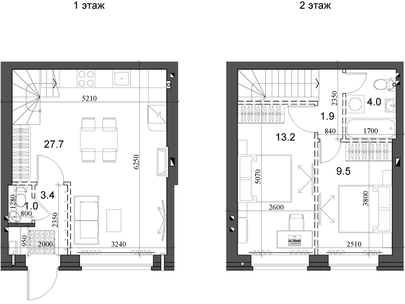 Планировка таунхаус 61.79 м² в ЖК «Коттеджный поселок Березки Элитный»