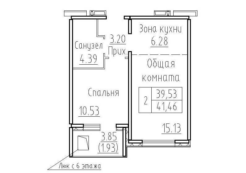 Планировка 2е-к.кв 39.53 м² в ЖК «Фламинго»