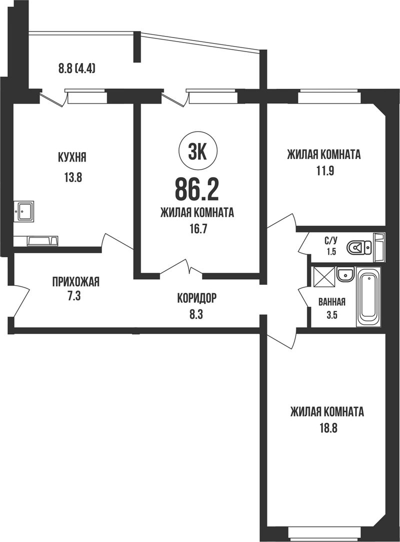 Планировка 3-к.кв 81.80 м² в ЖК «Династия»