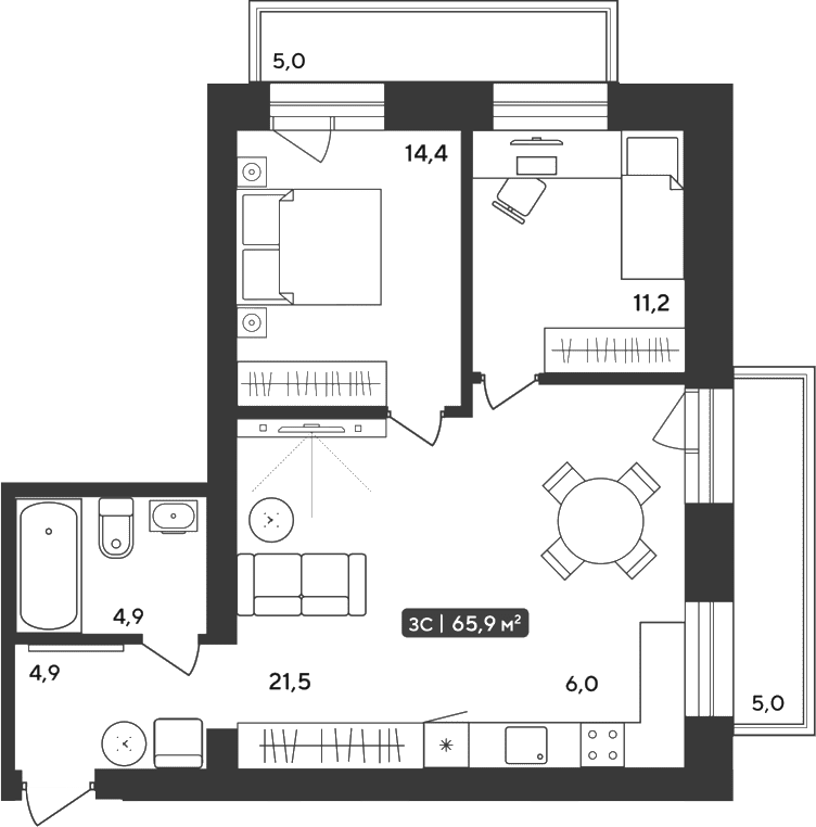 Планировка 3е-к.кв 62.90 м² в ЖК «Альпийский квартал»