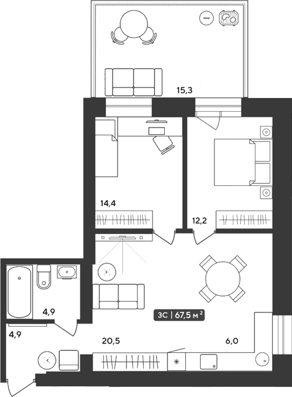 Планировка 3е-к.кв 62.91 м² в ЖК «Альпийский квартал»