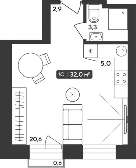 Планировка студии 31.82 м² в ЖК «Альпийский квартал»