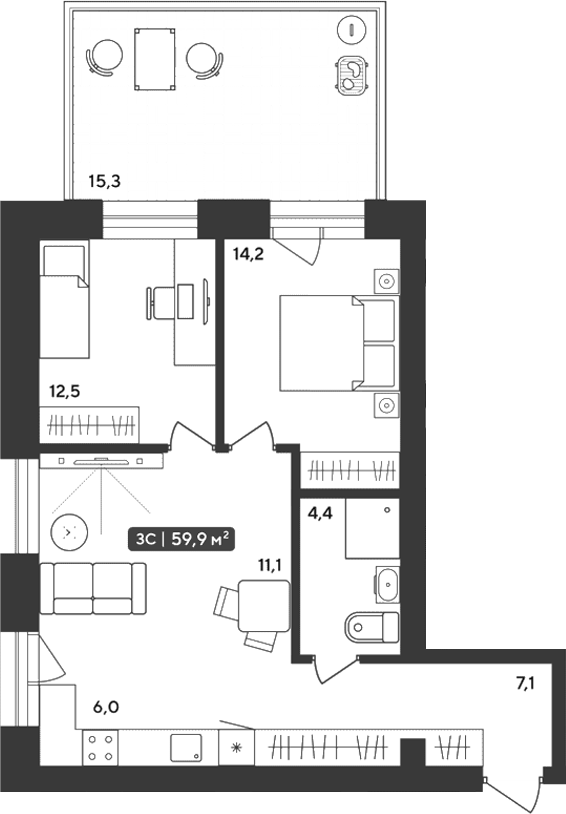 Планировка 3е-к.кв 55.31 м² в ЖК «Альпийский квартал»