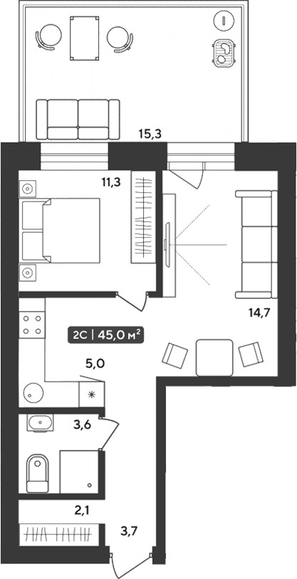 Планировка 2е-к.кв 40.41 м² в ЖК «Альпийский квартал»