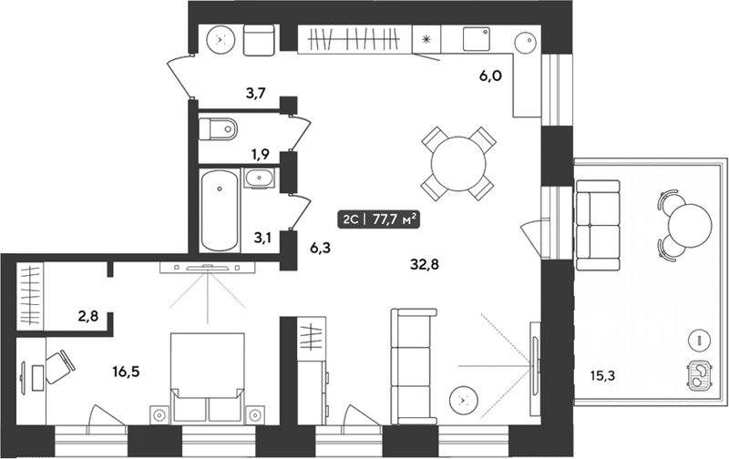 Планировка 2е-к.кв 73.11 м² в ЖК «Альпийский квартал»