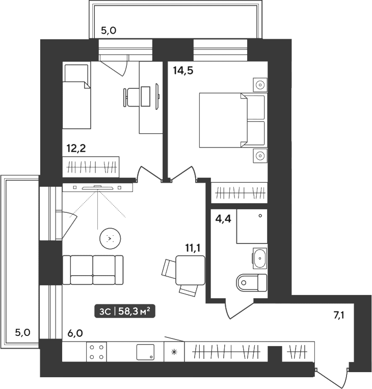 Планировка 3е-к.кв 55.30 м² в ЖК «Альпийский квартал»