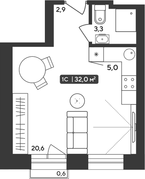 Планировка студии 31.82 м² в ЖК «Альпийский квартал»