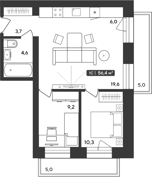 Планировка 3е-к.кв 53.40 м² в ЖК «Альпийский квартал»