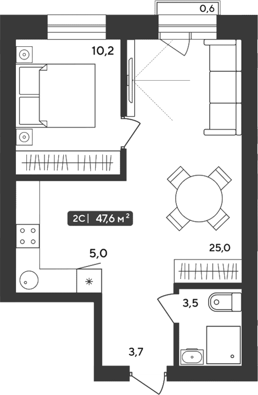 Планировка 2е-к.кв 47.42 м² в ЖК «Альпийский квартал»