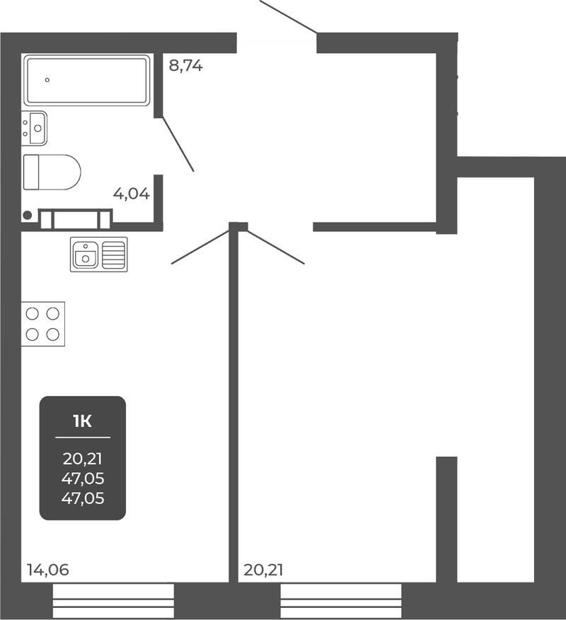 Планировка 1-к.кв 47.05 м² в ЖК «НОВА АПАРТ»