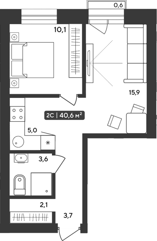 Планировка 2е-к.кв 40.42 м² в ЖК «Альпийский квартал»