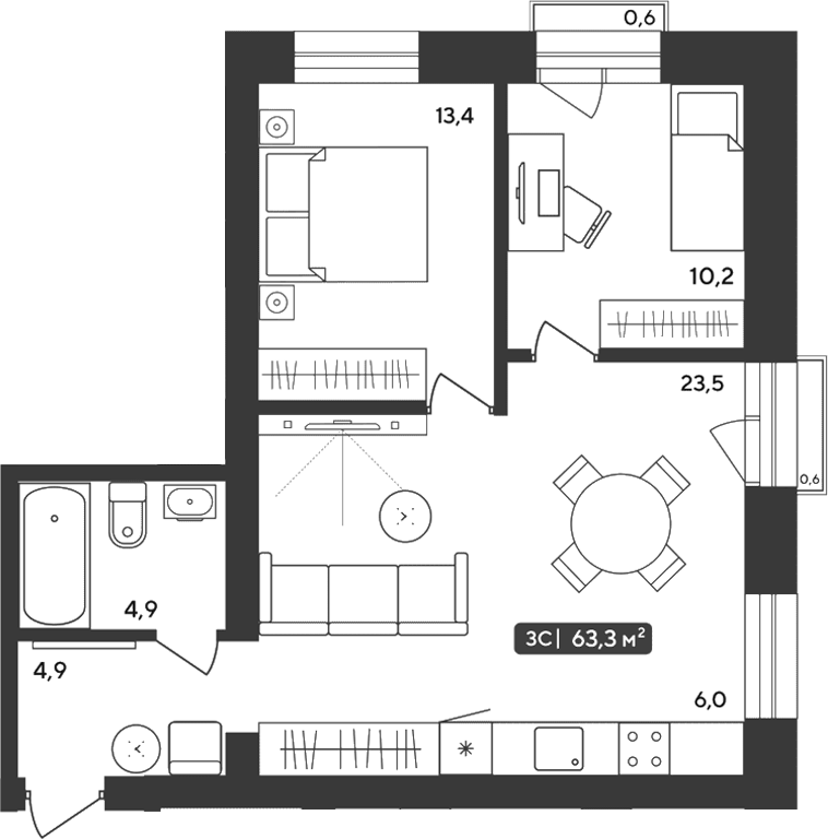 Планировка 3е-к.кв 62.94 м² в ЖК «Альпийский квартал»
