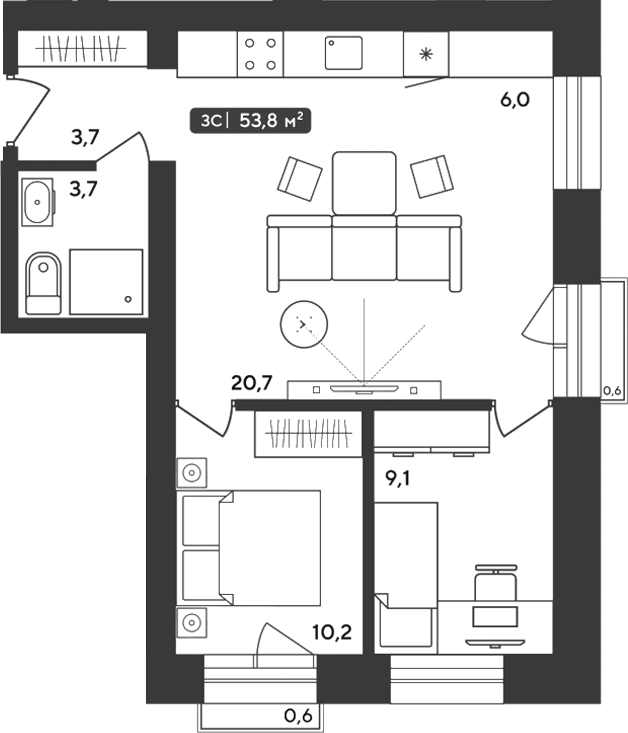 Планировка 3е-к.кв 53.44 м² в ЖК «Альпийский квартал»