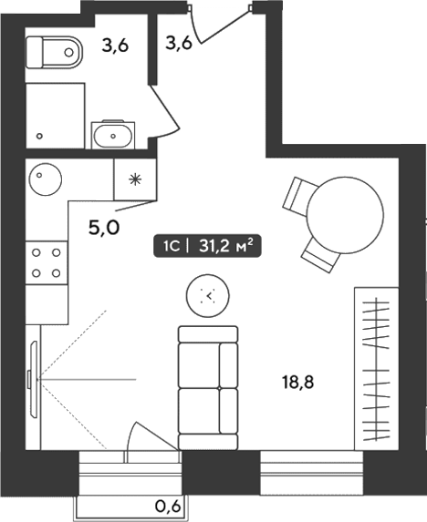 Планировка студии 31.02 м² в ЖК «Альпийский квартал»