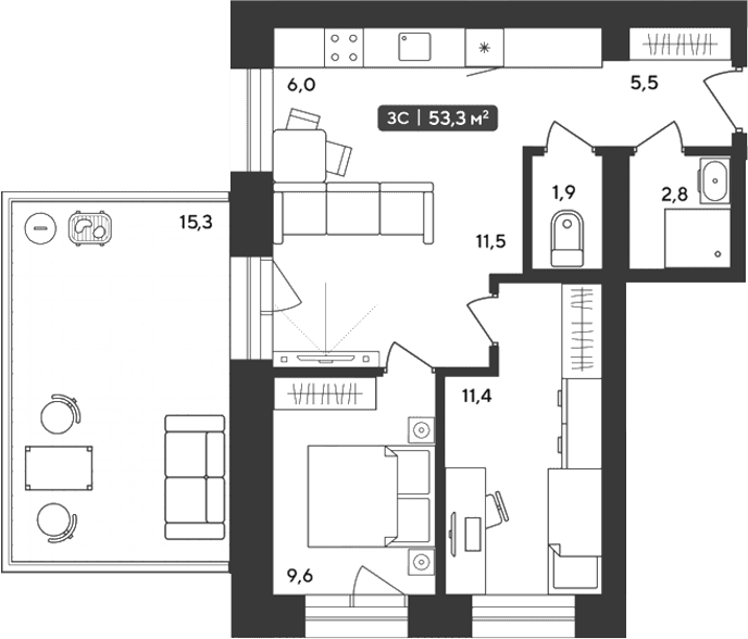 Планировка 3е-к.кв 48.71 м² в ЖК «Альпийский квартал»
